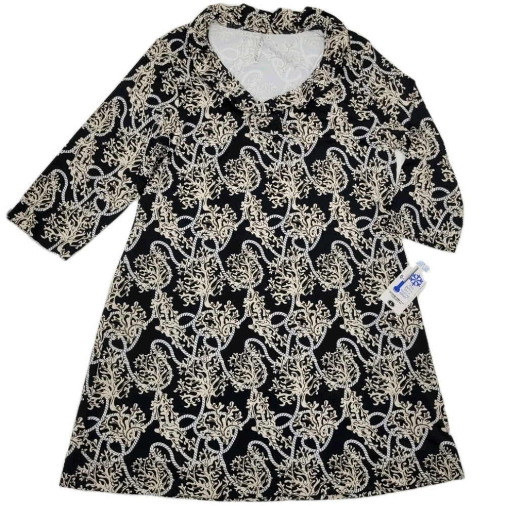 Lulu-B Dress Ruffle Neck Cooling Black White Nautical Rope Coral Size Large NEW